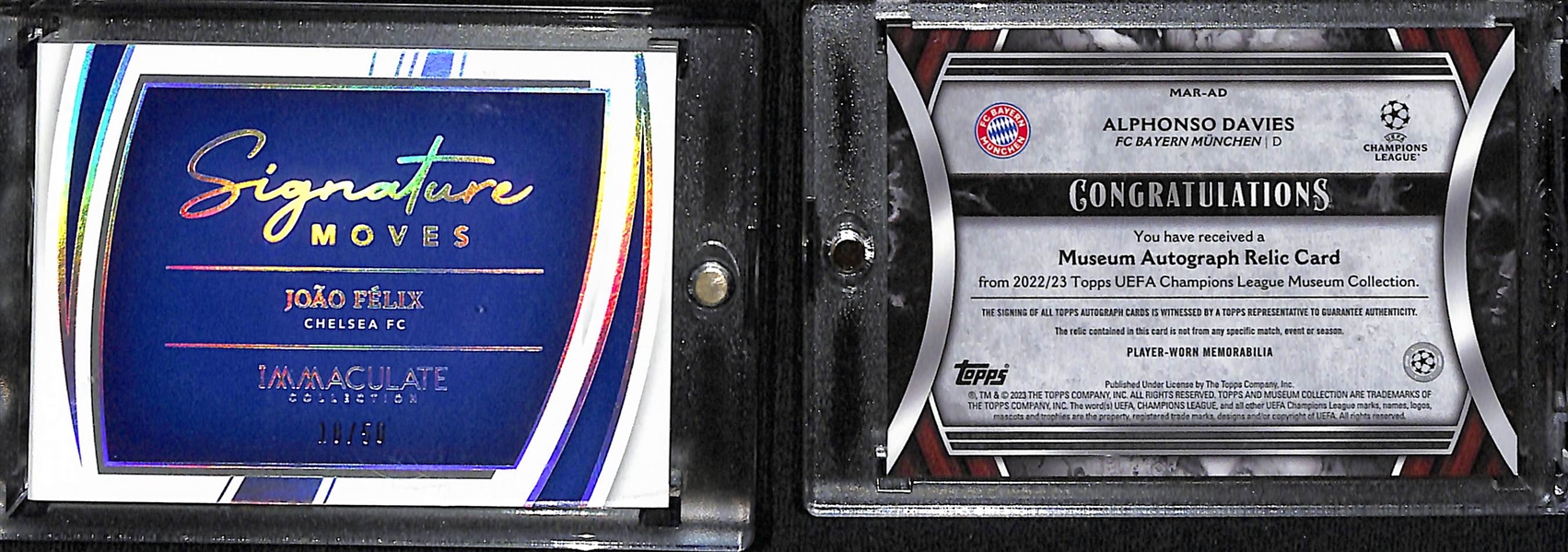 Lot of (37) 2022-23 UEFA Soccer Cards inc. Immaculate Joao Felix Signature Moves Booklet Autograph Patch (#/50), Museum Collection Alphonso Davies Autograph Patch (#/75), +